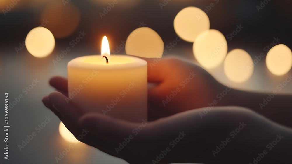Poster a tranquil scene of a person's hands holding a lit candle surrounded by soft glowing lights for rela