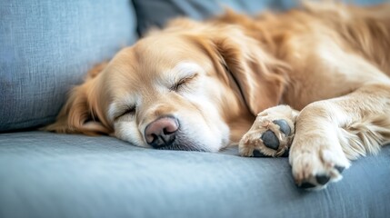 Golden retriever dog peacefully sleeping on sofa with relaxed expression and cozy fur : Generative AI