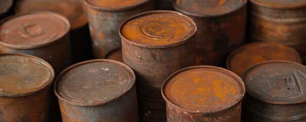 cancer awareness and risk factors concept. Rusty cans stacked together in a cluttered arrangement.