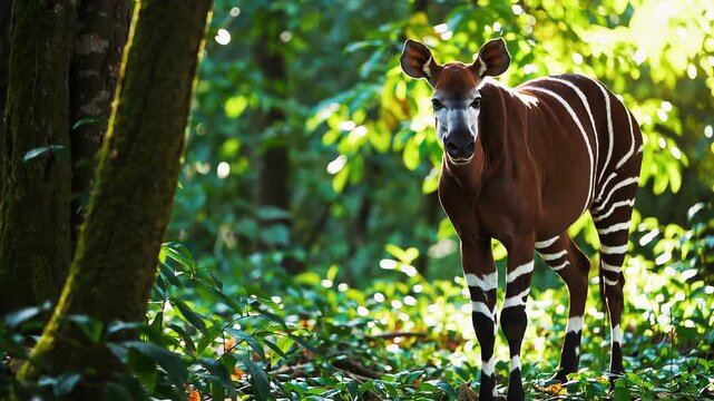Graceful okapi moving through lush sunlit forest in 4k uhd