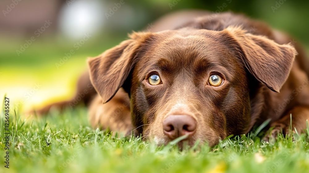 Aufkleber Loyal brown dog resting on soft grass with a thoughtful expression reflecting calmness and serenity in the outdoors : Generative AI