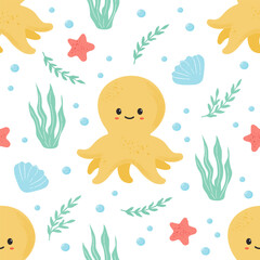 Funny octopus and seaweeds seamless pattern