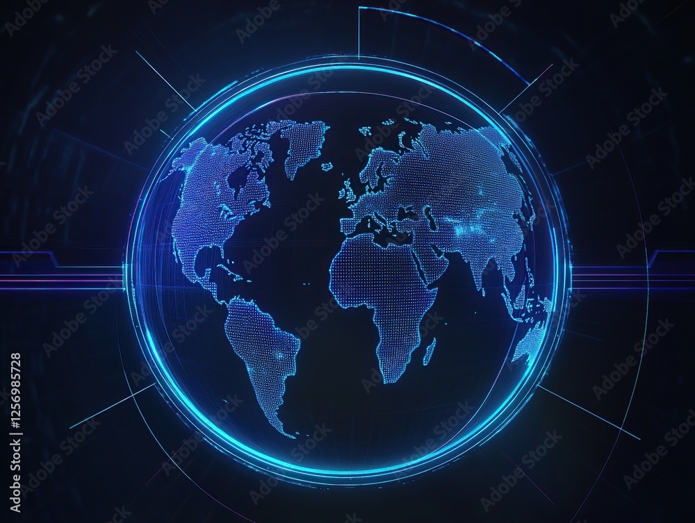 Poster global network: digital earth visualization with futuristic interface and glowing lines, exploring c