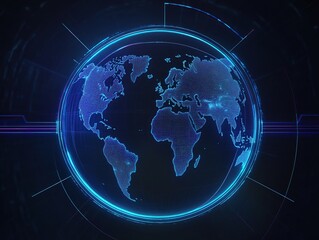 Global Network: Digital Earth Visualization with Futuristic Interface and Glowing Lines, Exploring Connectivity Worldwide.