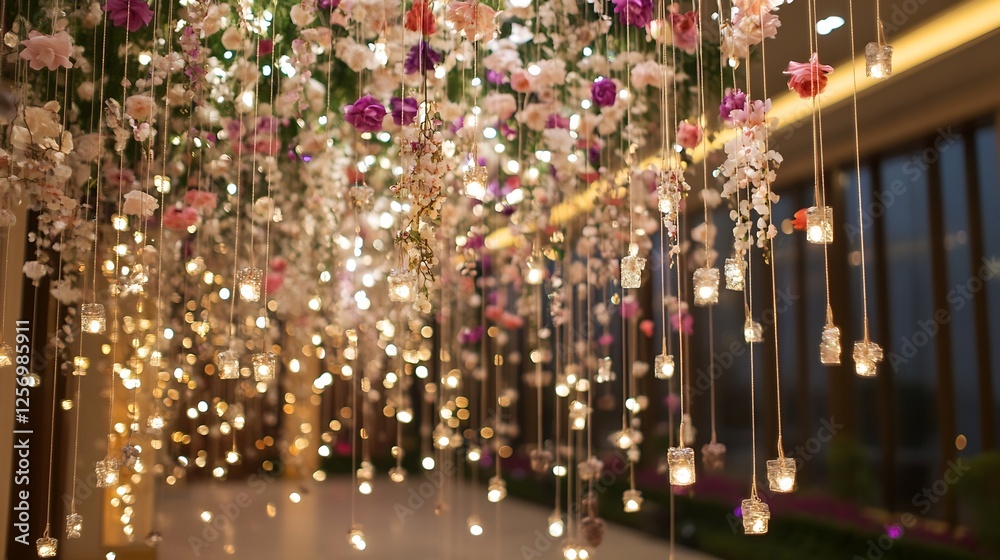 Poster colorful floral decorations hanging from above with sparkling lights creating a magical ambiance in 