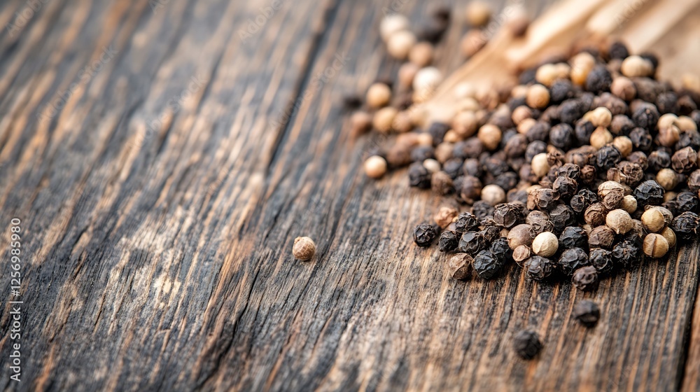 Poster a closeup of assorted whole and cracked black peppercorns spread on a rustic wooden surface : genera