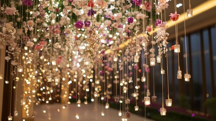 Obraz premium Colorful floral decorations hanging from above with sparkling lights creating a magical ambiance in a venue : Generative AI