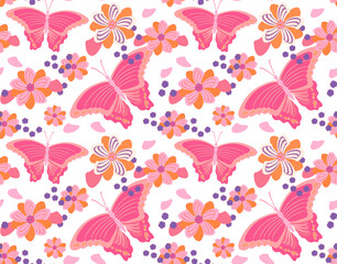 Pink Butterflies Retro Pattern Seamless Repeat