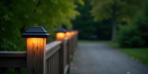 Illuminated Pathway Serene Evening Ambiance Along a Wooden Railing with Softly Glowing Lights
