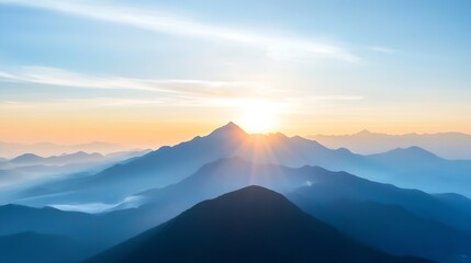 Obraz premium Majestic mountain landscape at sunset with soft hues of blue and orange light : Generative AI