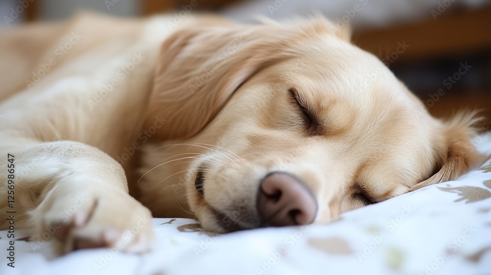 Poster adorable golden retriever puppy sleeping peacefully on a cozy bed with a calm and relaxed expression