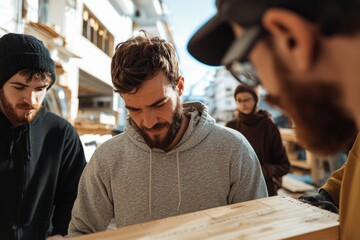 A group of students practice carpentry skills in a training center. They carefully measure, Generative AI