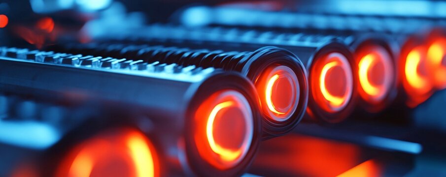 Collection of cylindrical objects emitting strong energy beams from their glowing red cores