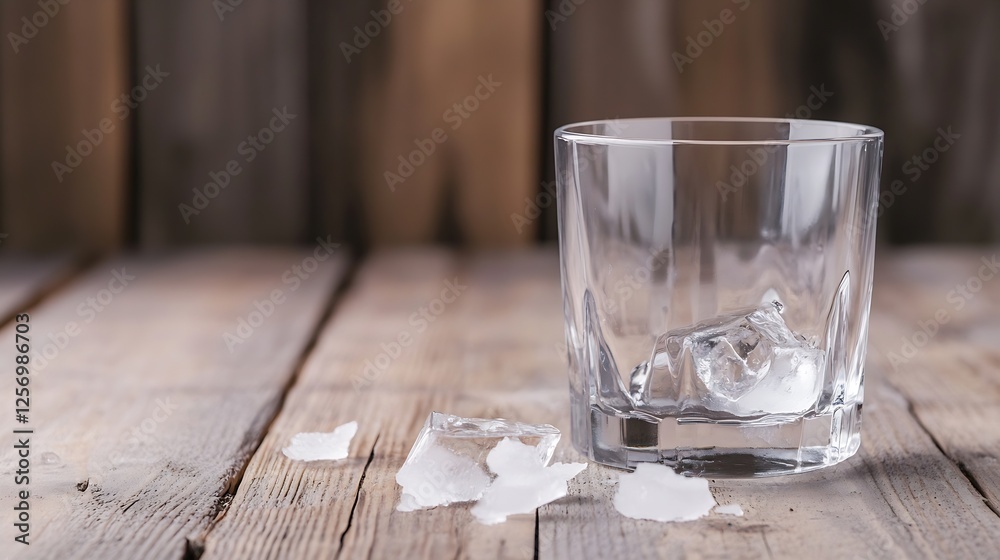 Poster elegant glass with ice cubes on rustic wooden table background : generative ai