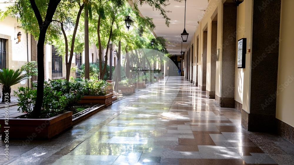 Poster Sunlit Passageway with Lush Green Plants and Elegant Architecture : Generative AI