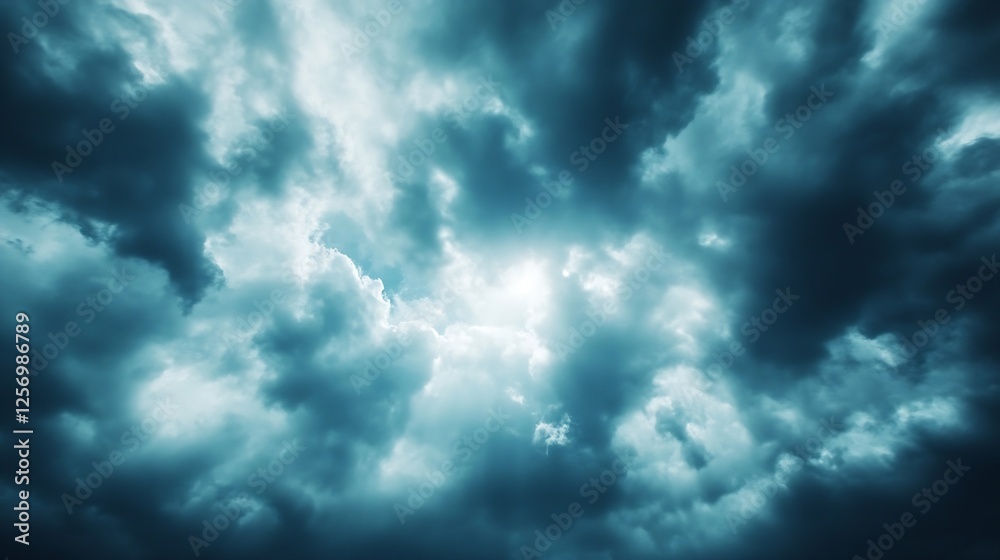 Poster Dark storm clouds creating an intense atmosphere with rays of light shining through capturing nature's drama : Generative AI