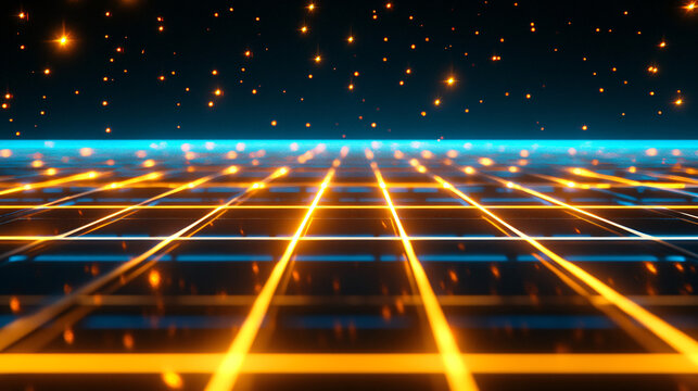 a black and yellow background with many lights