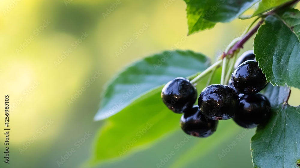 Poster fresh black cherries on a branch against a soft green background : generative ai