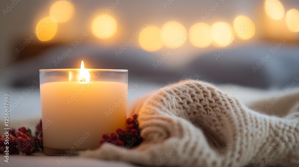 Aufkleber cozy scene of a lit candle surrounded by soft knit fabric and dried flowers creating a warm ambiance