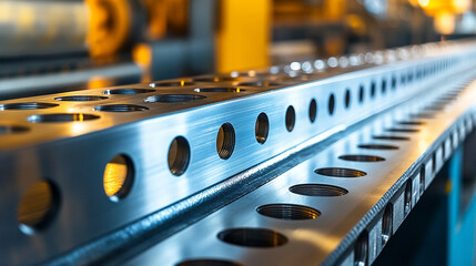 Metal products being bent on a bending machine, symbolizing precision and industrial transformation. A factory setting with a blurred modern background representing innovation and progress in manufact