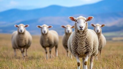 Obraz premium Curious sheep standing among flock in beautiful pastoral landscape with mountains : Generative AI