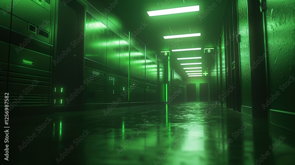 Poster futuristic high-tech corridor with green lighting and reflective floor. concept of cyber infrastruct