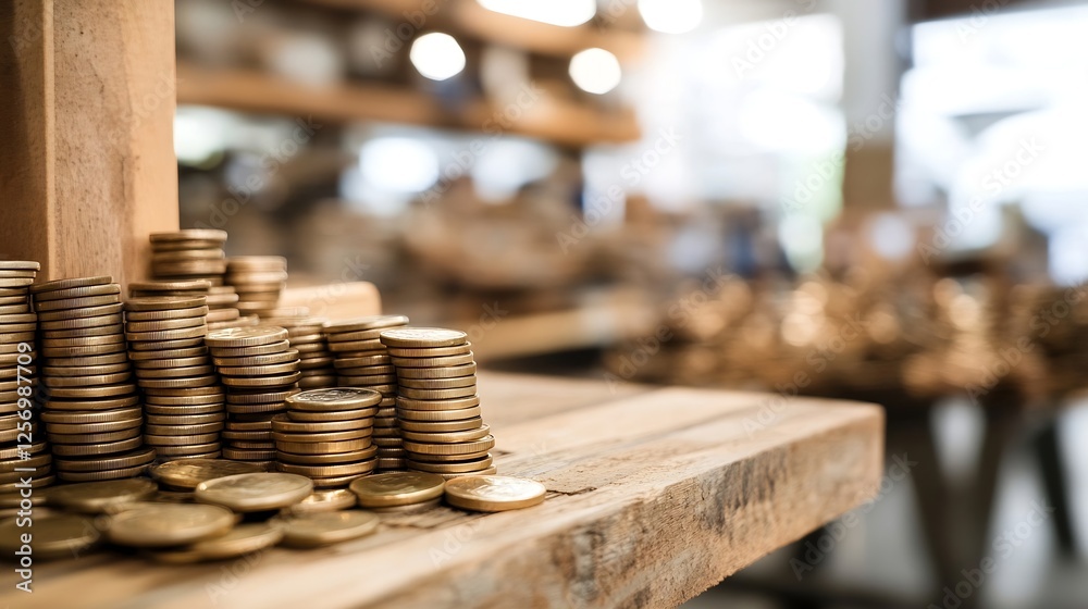 Leinwandbilder stacks of coins arranged neatly on a wooden counter showcasing wealth and currency management concep