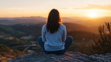 Individual Meditating on a Rock Overlooking Stunning Valley During Mesmerizing Sunset : Generative AI