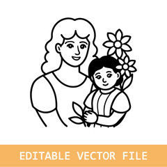 Mother and son line art vector illustration, mothers day celebration