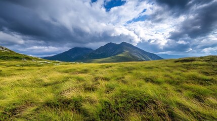 Fototapeta premium Breathtaking View of Lush Green Mountains and Dramatic Clouds Under a Beautiful Sky : Generative AI