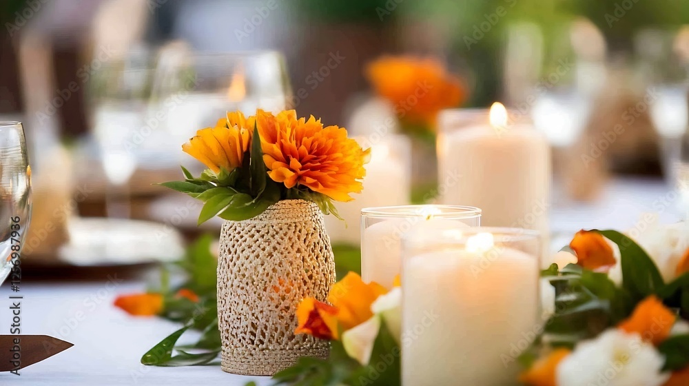 Aufkleber charming table arrangement with bright flowers and candles creating warm ambiance for special event 