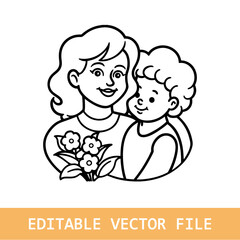 Happy family young mother embracing newborn baby son continuous line art style logo vector