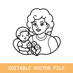Happy Mother`s Day Line Art Vector Illustration. Continuous Single Line Drawing of Mother Holds Little Child