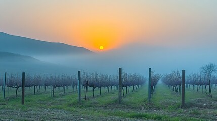 Obraz premium Vineyard sunrise, misty valley, winter, tranquil, scenic