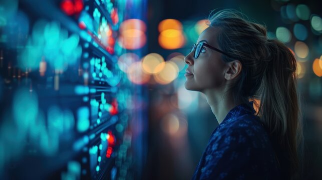 Young woman with glasses looking at futuristic digital screen glowing with colorful data, artificial intelligence, cyber technology, data analysis, information security, research, high-tech future