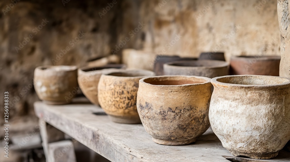 Poster row of antique clay pots and jars on a rustic wooden shelf in an archaeological site : generative ai