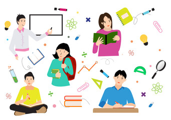 school education vector illustration set playful cartoon student studying reading book stationery doodle math science symbol collection educational content learning clipart