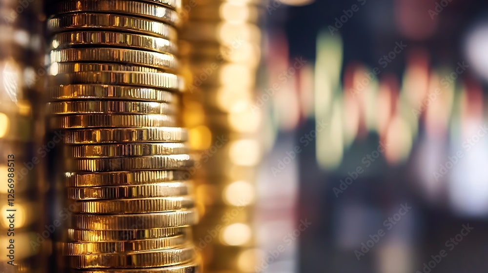 Aufkleber close up of shining gold coins stacked in a financial background with vibrant colors and soft focus 