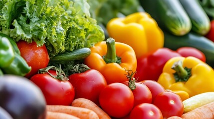 Freshly harvested colorful vegetables including tomatoes peppers and greens arranged beautifully on a market stall : Generative AI