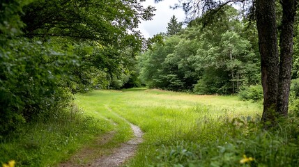 Fototapeta premium Serene pathway through lush green trees and grass leading to a tranquil nature scene on a cloudy day : Generative AI