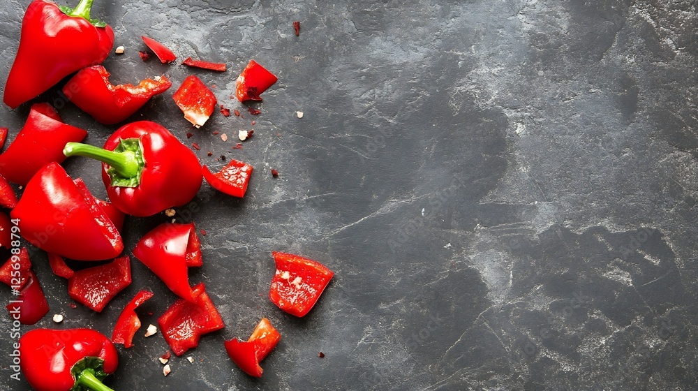 Poster freshly chopped red peppers scattered on dark stone surface providing vibrant color and appealing fo