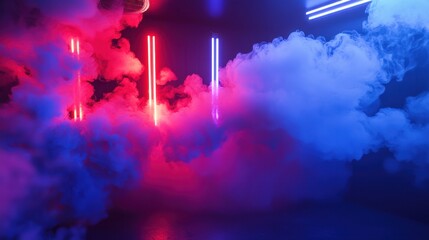 Obraz premium A futuristic club setting with pulsing red and blue lasers cutting through dense concert smoke.
