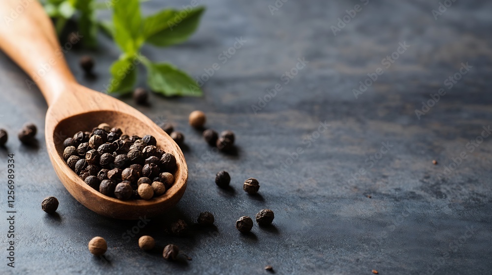 Poster artistic close up of black pepper seeds placed in a wooden spoon on a textured dark background : gen