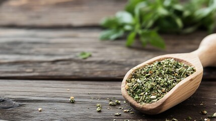 Aromatic Dried Herbs in Wooden Spoon Over Rustic Wooden Table Background : Generative AI