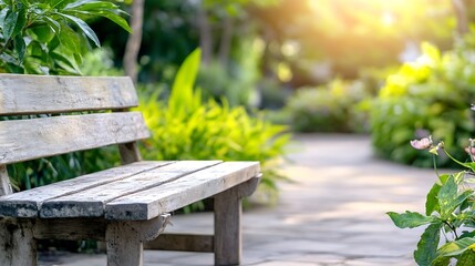 Fototapeta premium Wooden bench in a lush garden pathway illuminated by soft warm sunlight : Generative AI