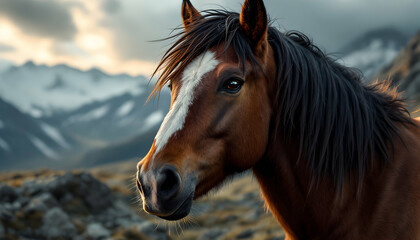 Fototapeta premium Majestic chestnut horse portrait in the mountain scenery during sunset
