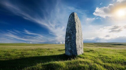 Majestic ancient standing stone surrounded by expansive green fields under a dramatic cloudy sky : Generative AI