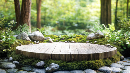 Obraz premium wooden product display podium is set in lush forest environment, surrounded by rocks and greenery, creating natural and serene atmosphere