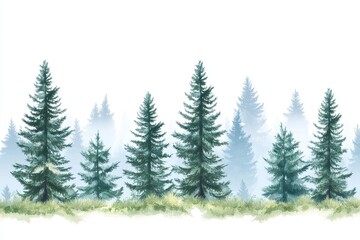 Majestic Evergreens Stand Tall in Misty Forest, Serene Nature Watercolor Painting, Tranquil Landscape
