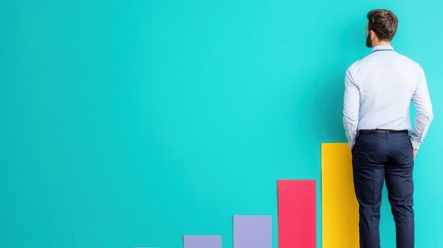 A man stands before colorful bar graphs against a vibrant turquoise background, symbolizing growth and progress.